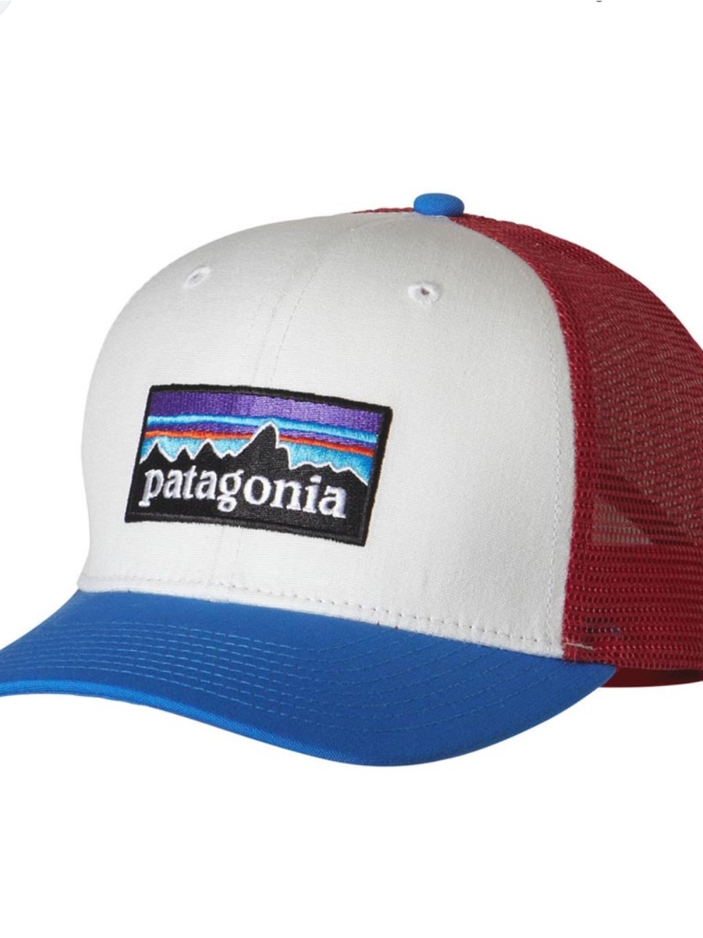 Kids Patagonia Trucker Hat in White, Red & Blue